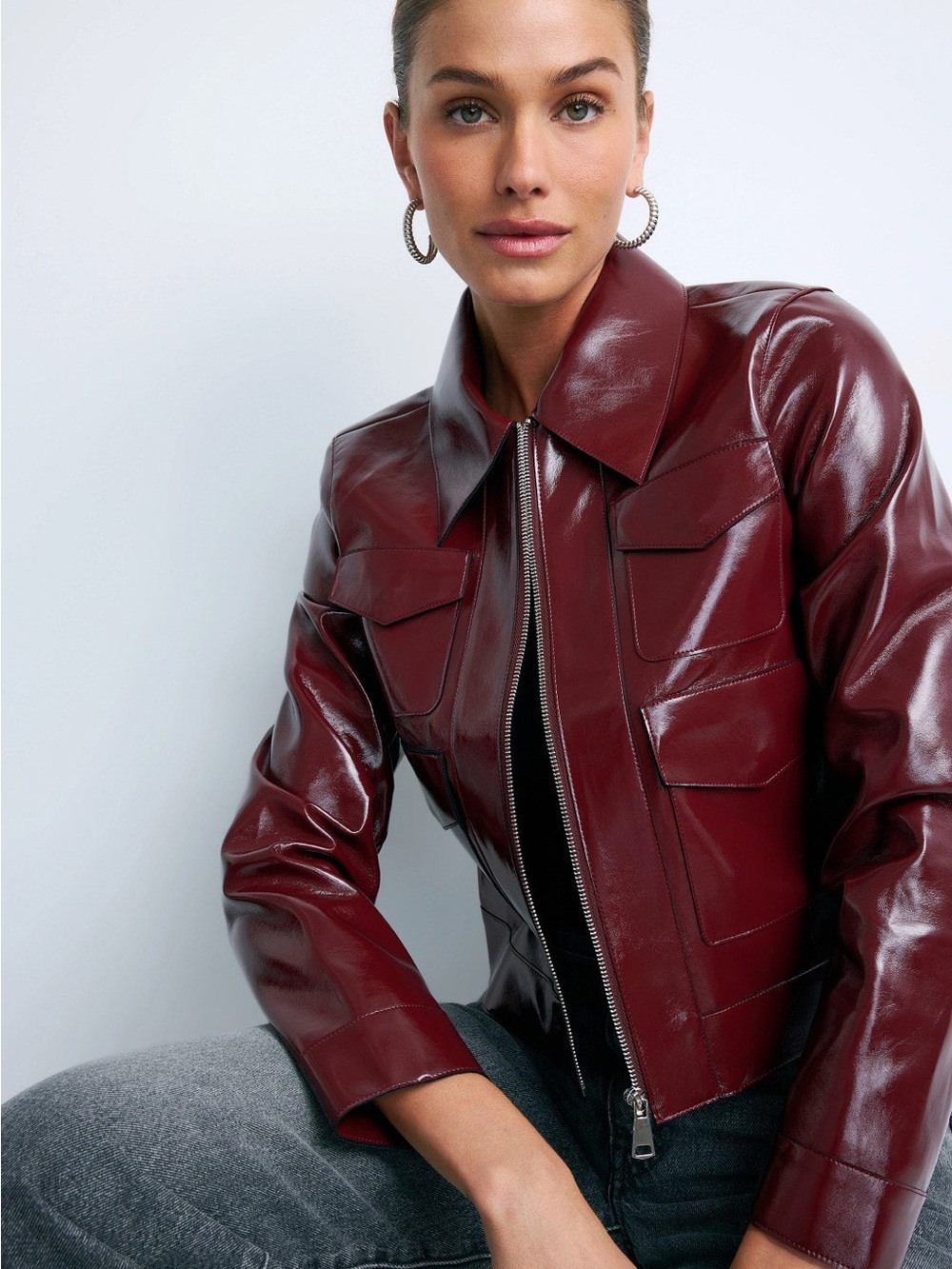 Ronny Kobo Collection Shiny Burgundy Faux Leather Zip Jacket